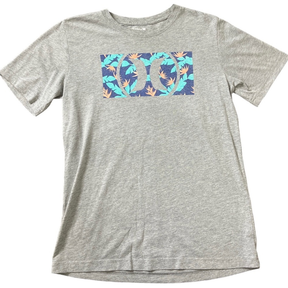 HURLEY Tropical Palm Print Logo Tee With Scoop Neck & Cap Sleeves Grey 13-15Y